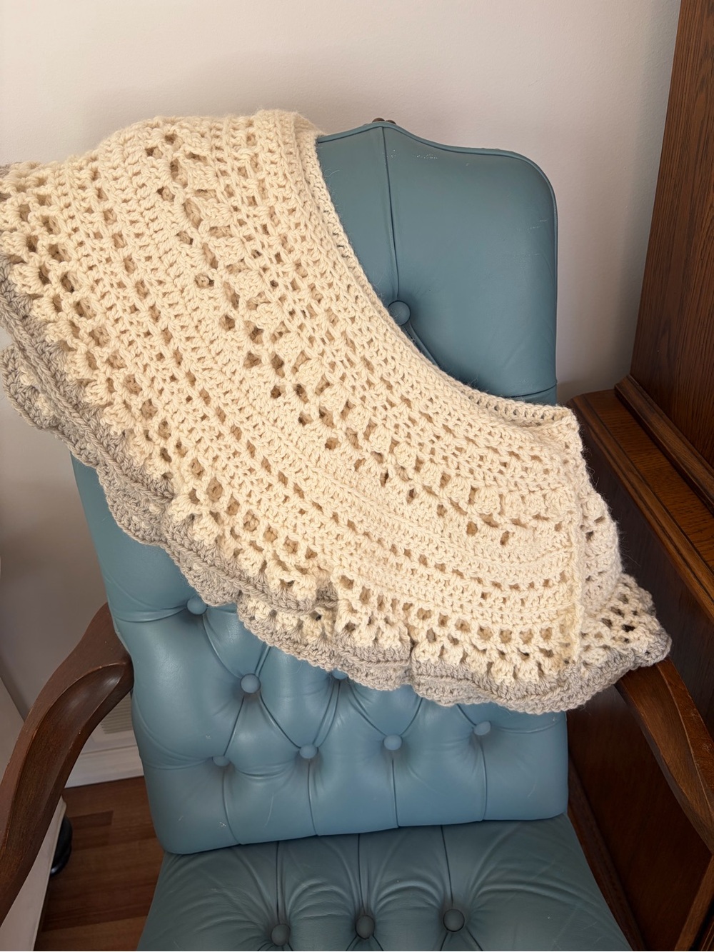 Handmade Cream Crochet wrap around shawl with gray scalloped Edge